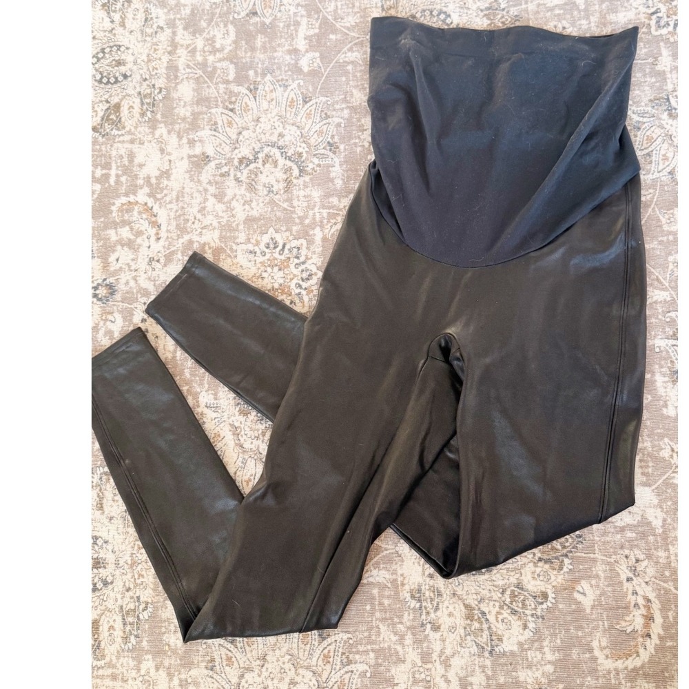 SPANX Mama Faux Leather Black Maternity Leggings Size Medium Maternity
